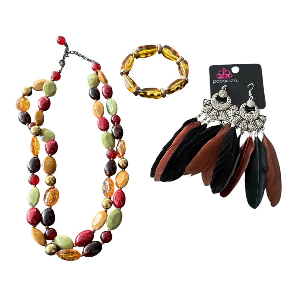 Paparazzi Boho Jewelry Set Beaded Necklace Stretch Bracelet Feather Earrings New